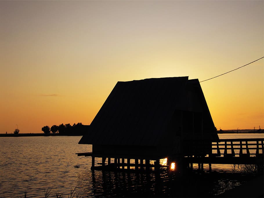 puesta de sol, anochecer, cielo, muelle, lago, agua, silueta, color naranja, arquitectura, estructura construida