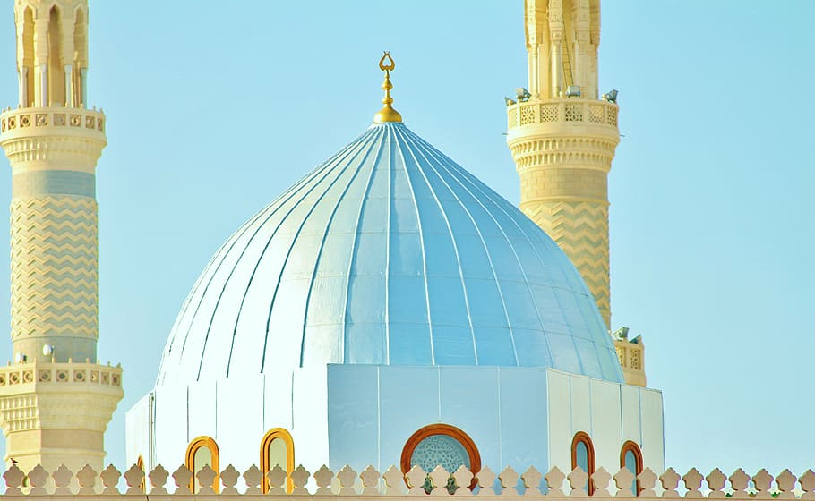 blue, yellow, mosque, gold finial, religious, muhammad, religion, islam, islamic, arabic