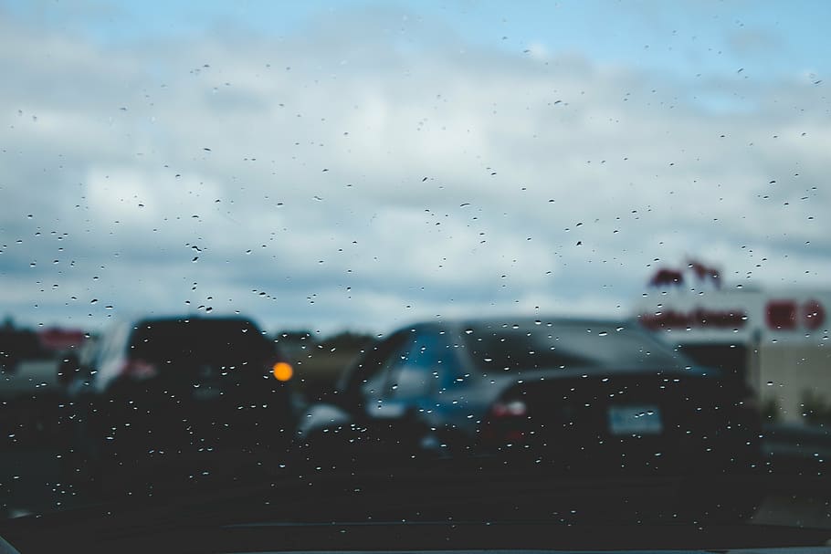 black, sedan, road, grey, clouds, shallow, focus, raindrops, mirror, car
