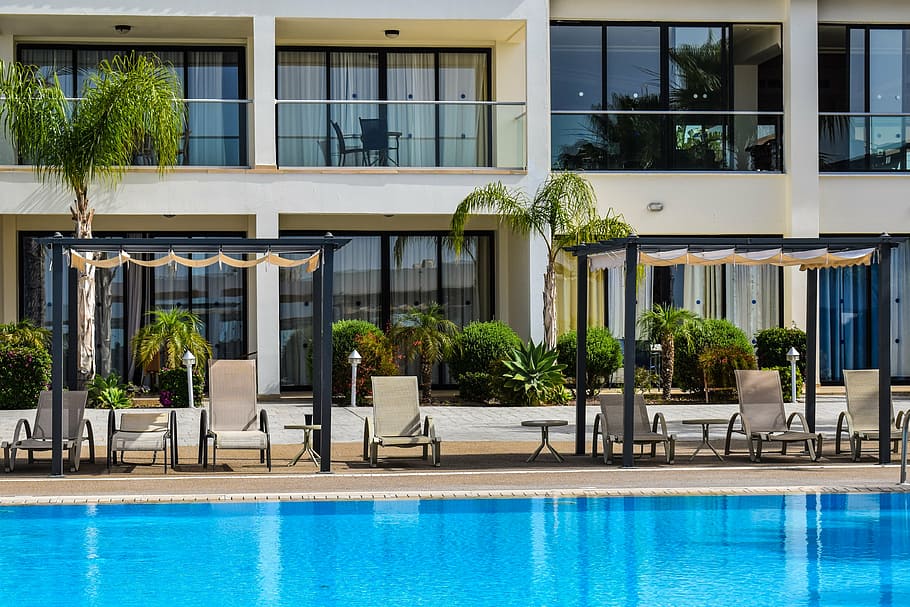 hotel, kolam renang, resor, liburan, pariwisata, kemewahan, rekreasi, bersantai, paphos, cyprus