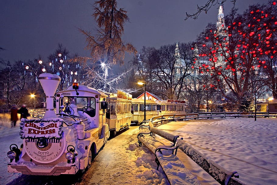 white, train, metal railings, vienna, christmas market, city hall park, park, winter, christmas, night photograph