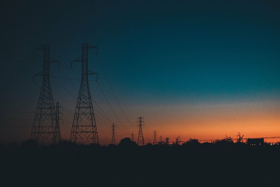 electric, post, golden, hour, silhouette, town, near, electricity, tower, sunset