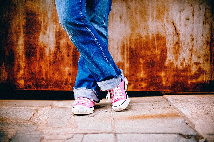 person, wearing, blue, jeans, pink, converse, low-top sneakers, feet, legs, standing