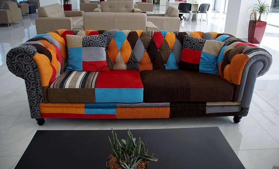 empty, tufted, gray, multicolored, roll-arm sofa, sofa, colored, upholstery, convenient, sit