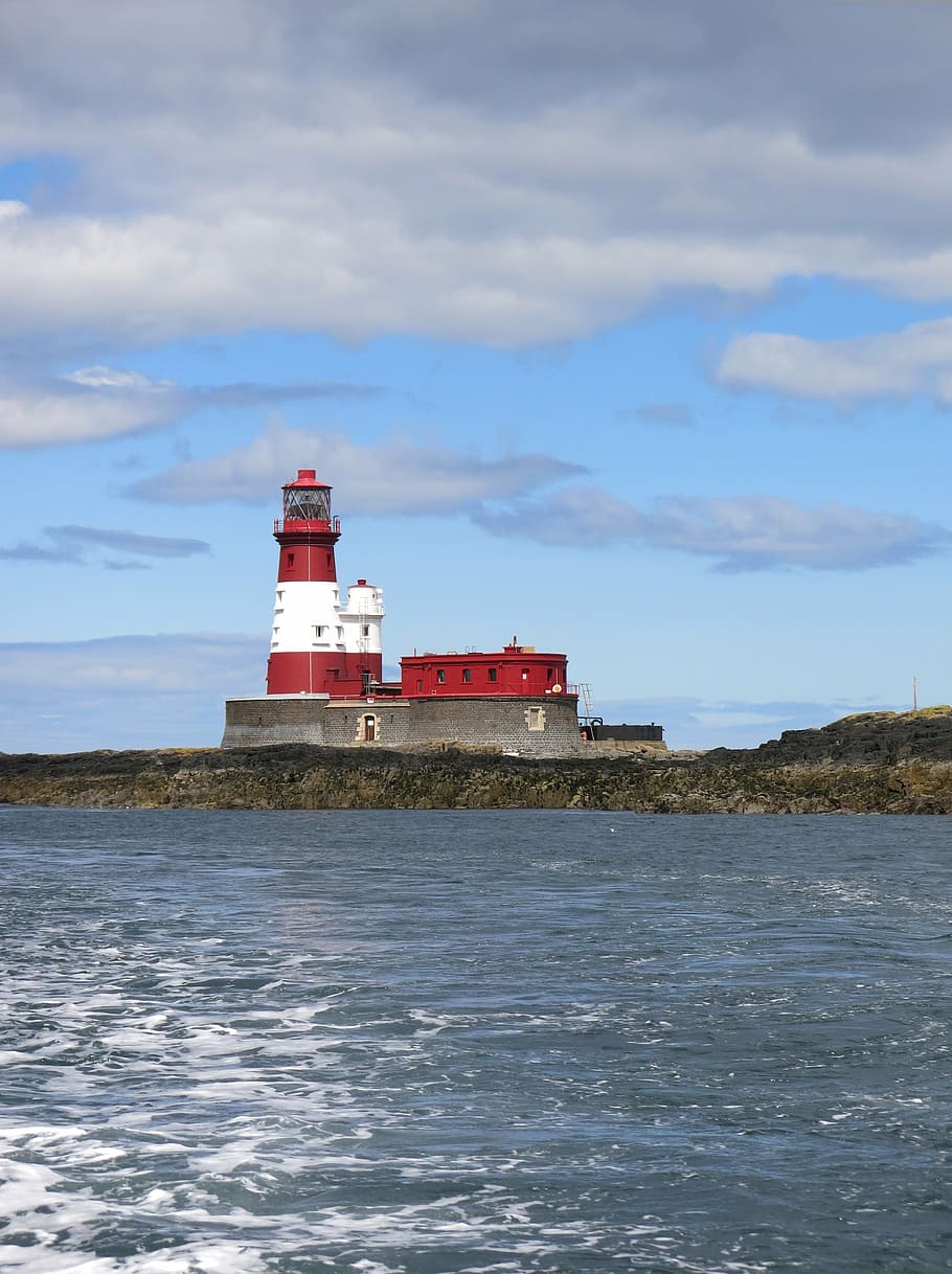 longstone, lighthouse, farne, island, red, white, sea, northumberland, uk, built structure