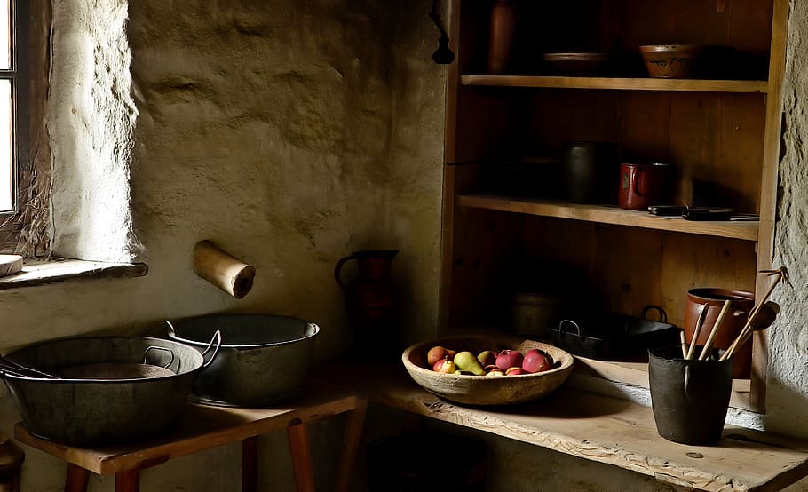 the interior of the, cottage, vintage, window, shelves, fruit, old, kitchen, spiżarka, open air museum