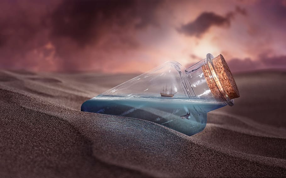 forced, perspective photography, ship, bottle, dream, magic, view, sunset, sand, transportation