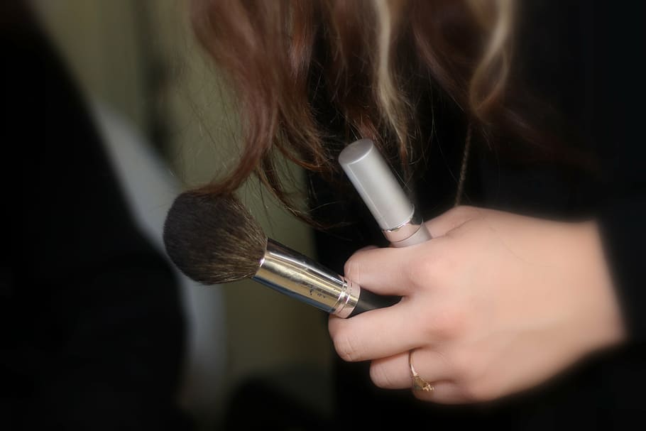 woman, holding, black, brown, makeup brush, makeup, brushes, brush, make-up, female