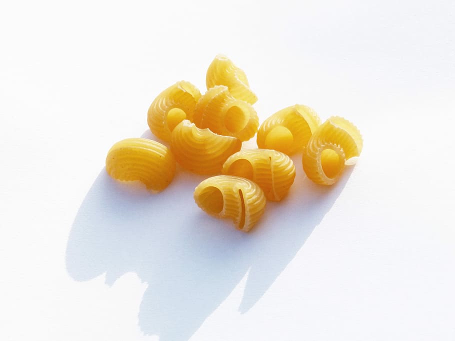 Pasta, Soup, Sharks, galets, pasta soup, white background, food, yellow, food and drink, studio shot