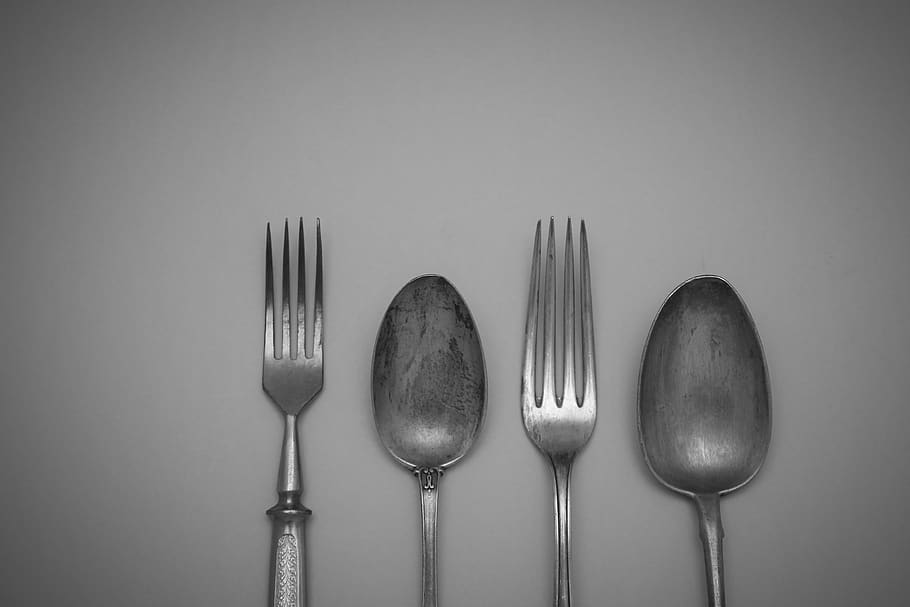 cuchara, tenedor, acero, restaurante, vajilla de plata, cubiertos, colocación, minimalismo, plata, gris