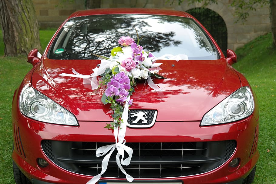 赤, プジョー406セダン, ブライダル, 車, 結婚式, リムジン, ブライダルカー, スポットライト, 花, 装飾