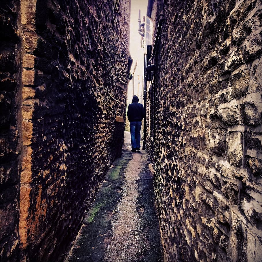man, standing, hallway, wall, person, walking, center, two, walls, alley