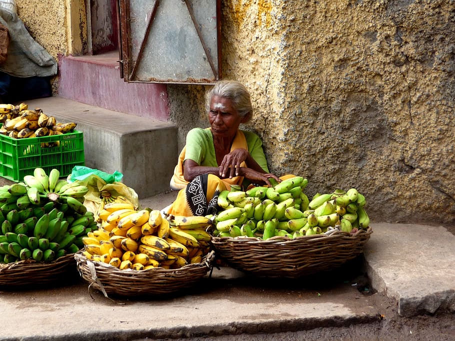 India, Fruit, Market, Fruit Basket, fruit, market, bananas, basket, one man only, only men, senior adult