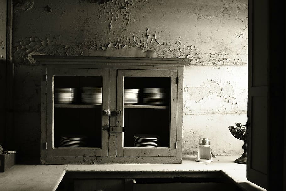 abandoned building, old building, kitchen, plates, cupboard, black white, window, indoors, home, architecture