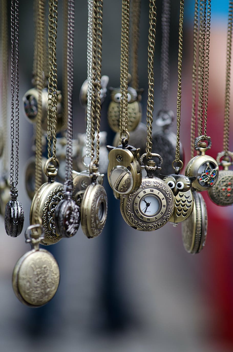 assorted, pocket watches, shallow, focus lens, time of, time, watches, chain, metal, antique