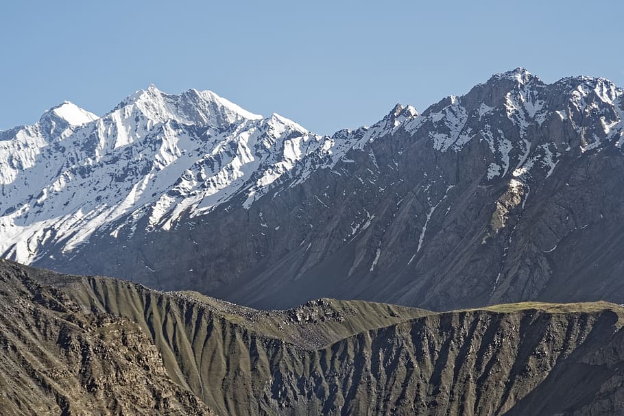 tajikistan, provinsi gunung-badakhshan, pamir, pegunungan tinggi, lembah pandsch, pemandangan, salju, daerah perbatasan, afghanistan, jalan raya pamir