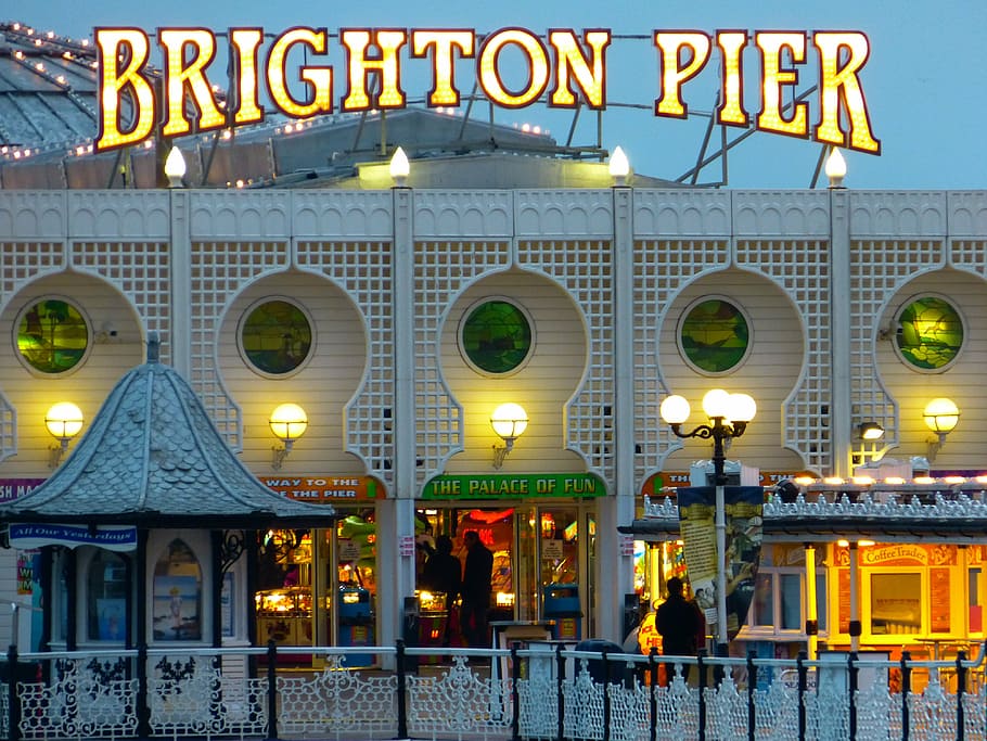 brighton pier signage, neon, brighton, pier, brighton pier, england, sussex, light, built structure, illuminated