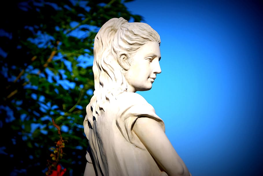 mujer, hormigón, estatua, árbol, diosa, belleza, romano, escultura de piedra, europa, elegante