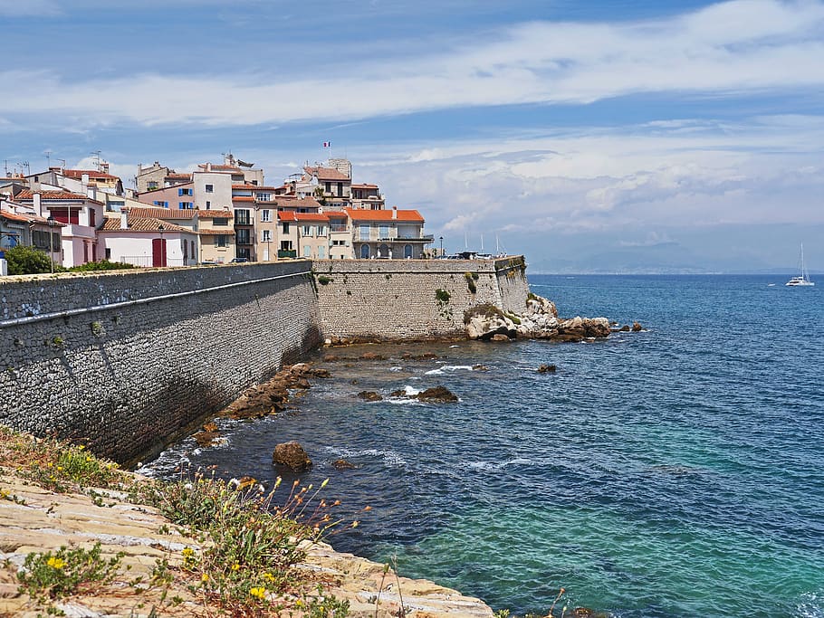 côte d ' azur, mediterranean, antibes, historic center, south of france, coast, sea, water, sky, clouds