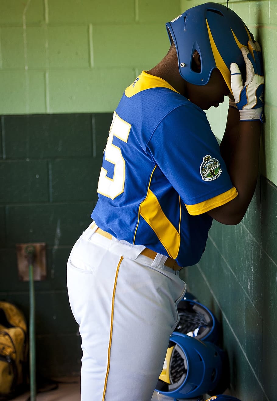 man, holding, helmet, wall, baseball player, frustration, sport, playing, action, college