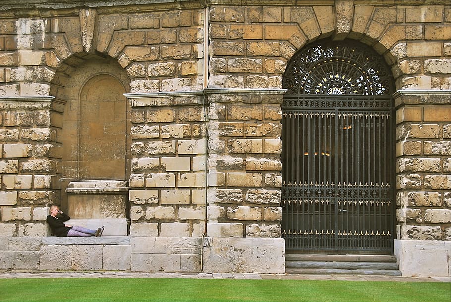 woman, oxford, university, student, tired, outdoors, rest, england, headache, architecture