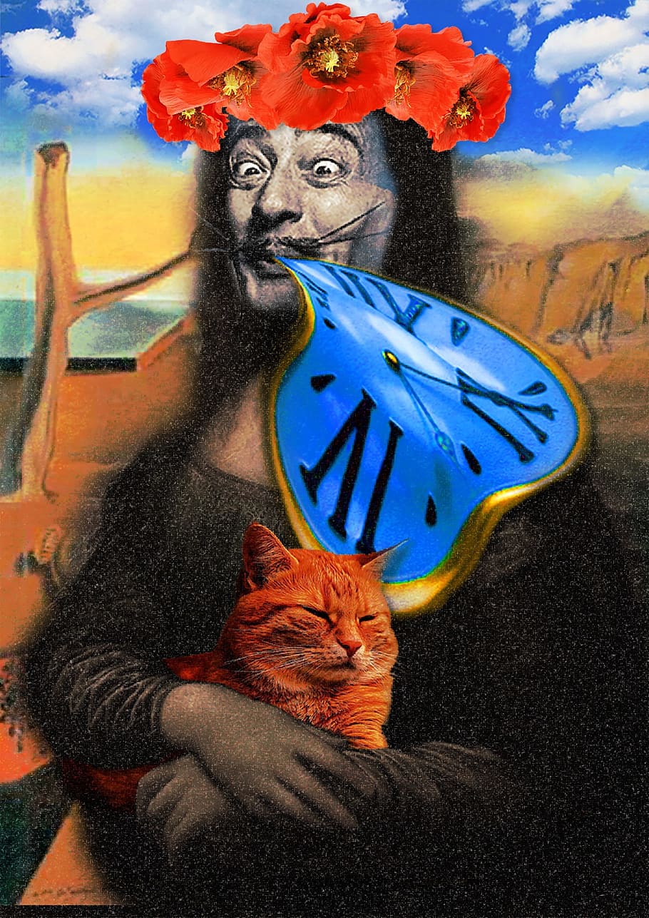 edited, painting, monalisa, el salvador dali, given, clock, time, soft watch, collage, fresco
