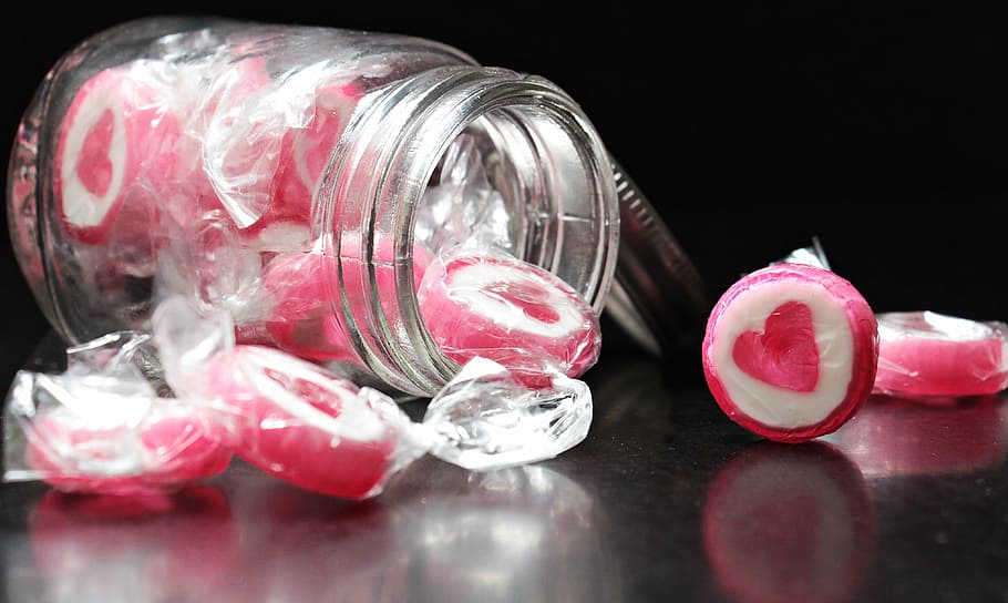 heart candy, clear, mason jar, candy, heart, delicious, treat, hand made sweets, confectionery, eat