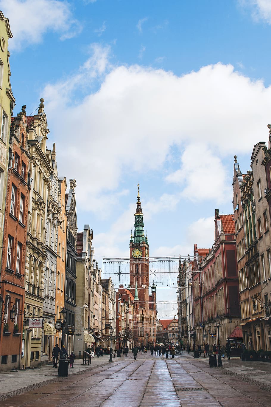 city, architecture, blue, building, clouds, gdansk, old town, poland, sky, street