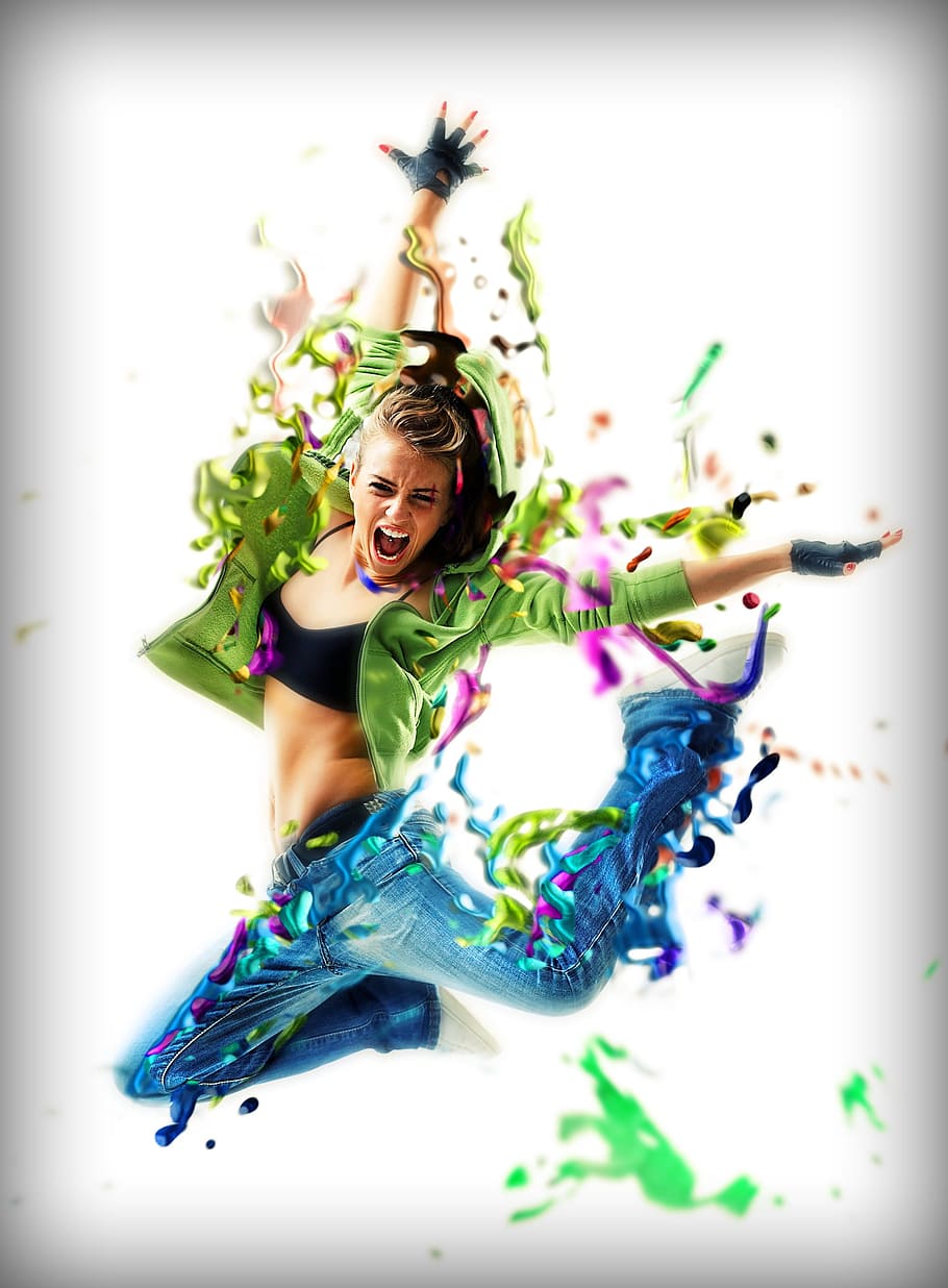 woman, wearing, green, jacket, blue, jeans, jumping, girl, dance, posing