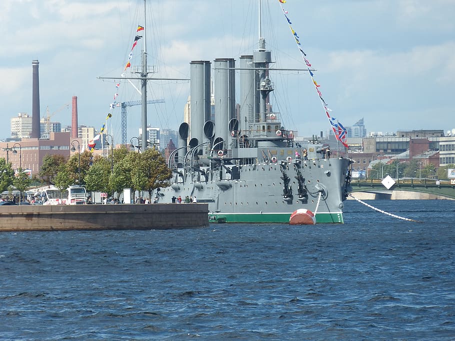 grey, tank ship, parked, dock, day, warship, armored cruiser, st petersburg, russia, historically