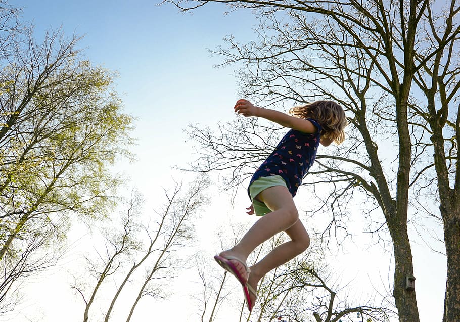 girl, jumping, trees, trampoline, play, jump, fun, activity, child, childhood