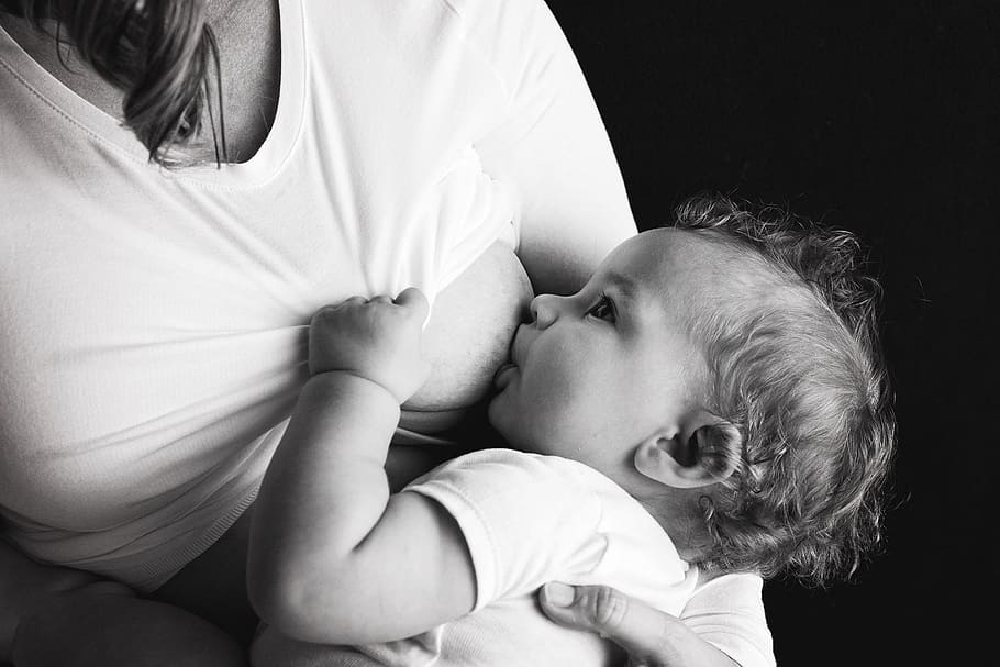 grayscale photography, woman breastfeeding baby, breastfeeding, mother, motherhood, child, childhood, baby, young, innocence