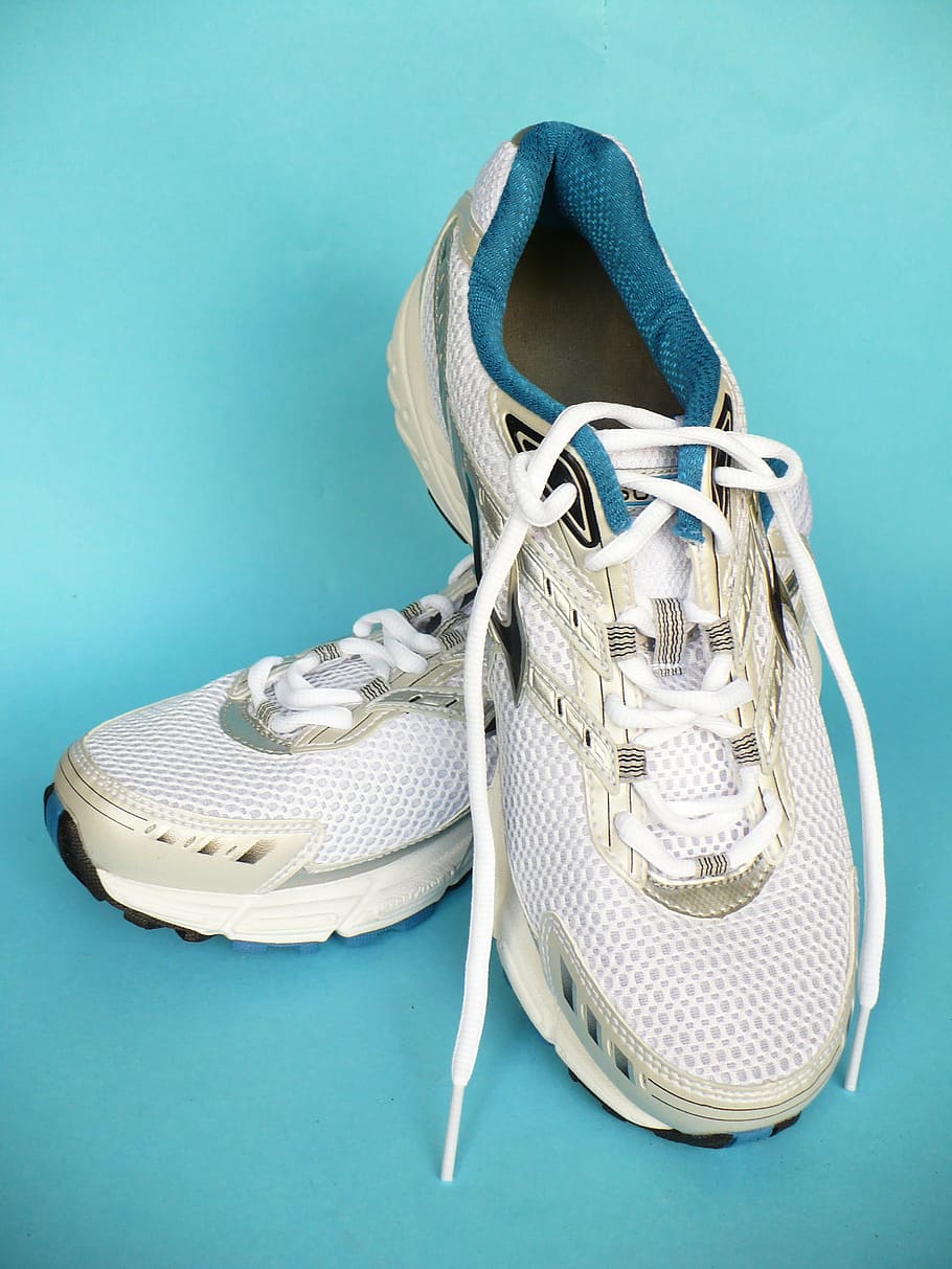 running shoes, shoes, sneakers, footwear, blue, studio shot, shoe, shoelace, colored background, indoors