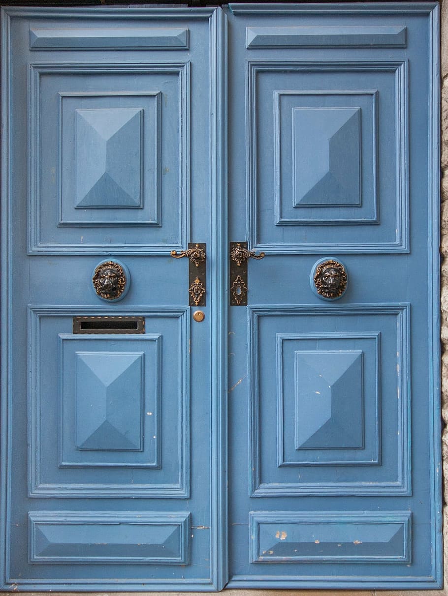 azul, madera, doble, puerta, puertas, pintado, aldabas, correo, rústico, antiguo