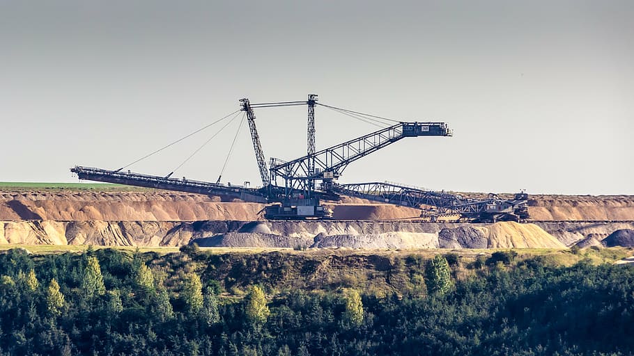 black, machine, forest, gray, sky, daytime, excavators, brown coal, braunkohlebagger, open pit mining