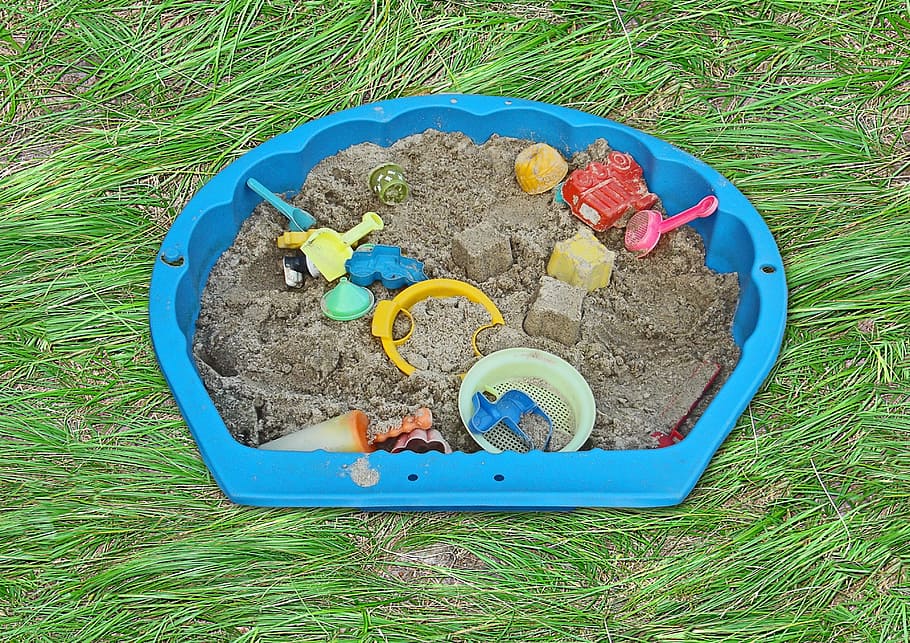 buddelkiste, foso de arena, arena, juguetes, patio de recreo, niño, plástico, juego, infantil, moldes