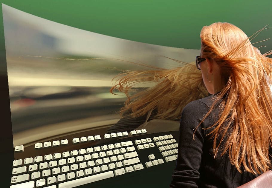 loira, mulher de cabelos, frente, curva tv, computador, futurista, computação gráfica, surreal, mulher, 3d