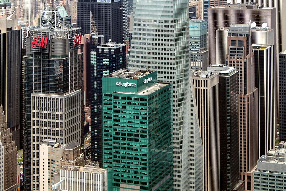 new york, skyline, cityscape, skyscrapers, usa, nyc, h m, salesforce, building exterior, built structure