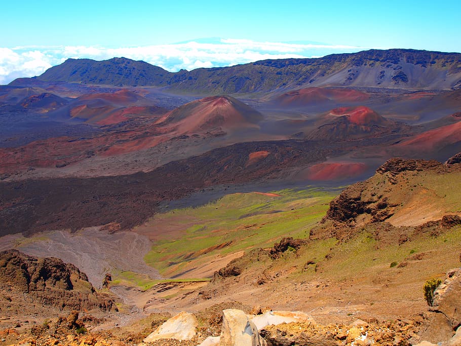 mountain, blue, sky, Hawaii, Maui, Volcano, Crater, volcano, crater, landscape, scenics