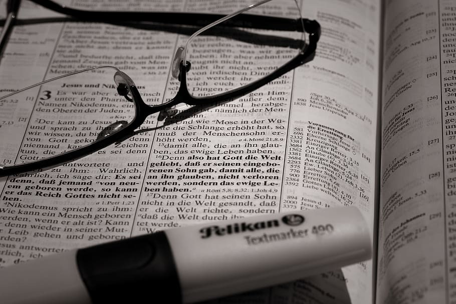 eyeglasses on book, bible, learn, study, glasses, verse, christianity, publication, book, text