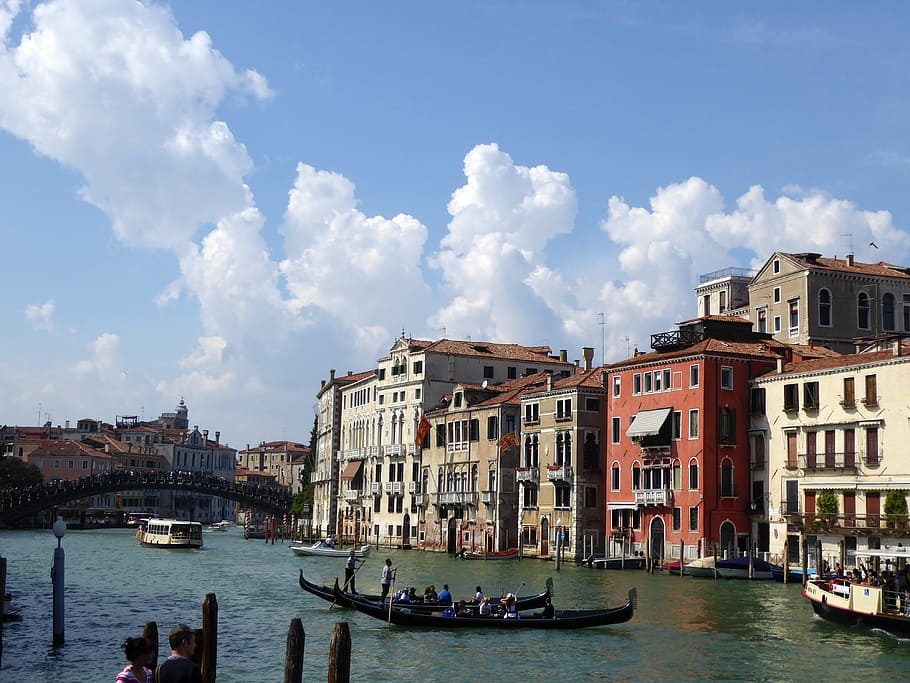 Venesia, gondola, kanal grande, italia, laguna, langit, gondolier, bangunan eksterior, air, kapal laut
