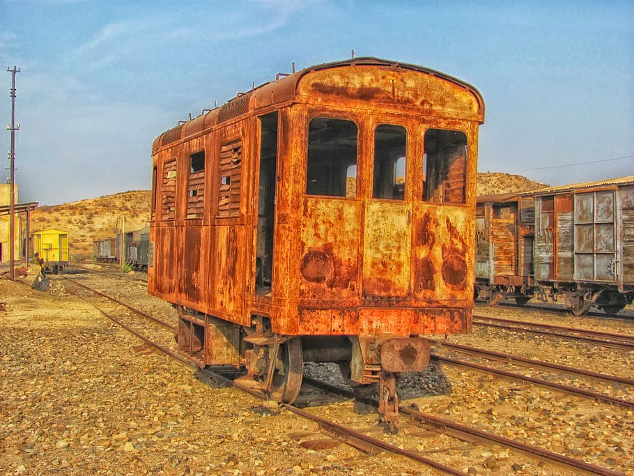 close-up photo, brown, train trailer, rail, eritrea, train, yard, station, abandoned, railroad