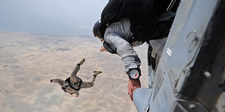 two, male, sky, diving, ground, Parachute, Skydiving, Parachuting, jumping, training