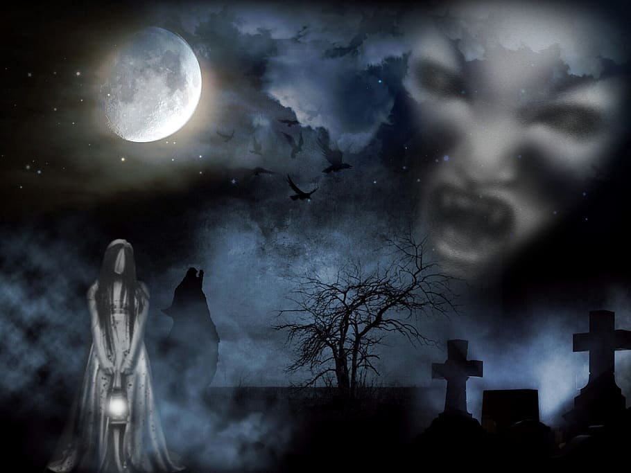 mujer, blanco, de pie, cementerio, cara de necrófago, nubes, completo, luna, gráfico, papel pintado
