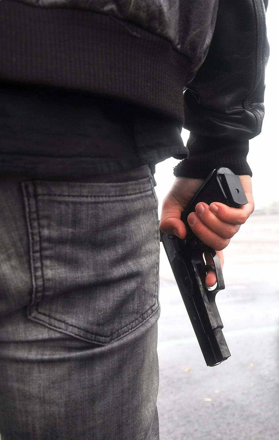 person, wearing, black, leather jacket, holding, semi-automatic, gun, gangster, leather, criminal