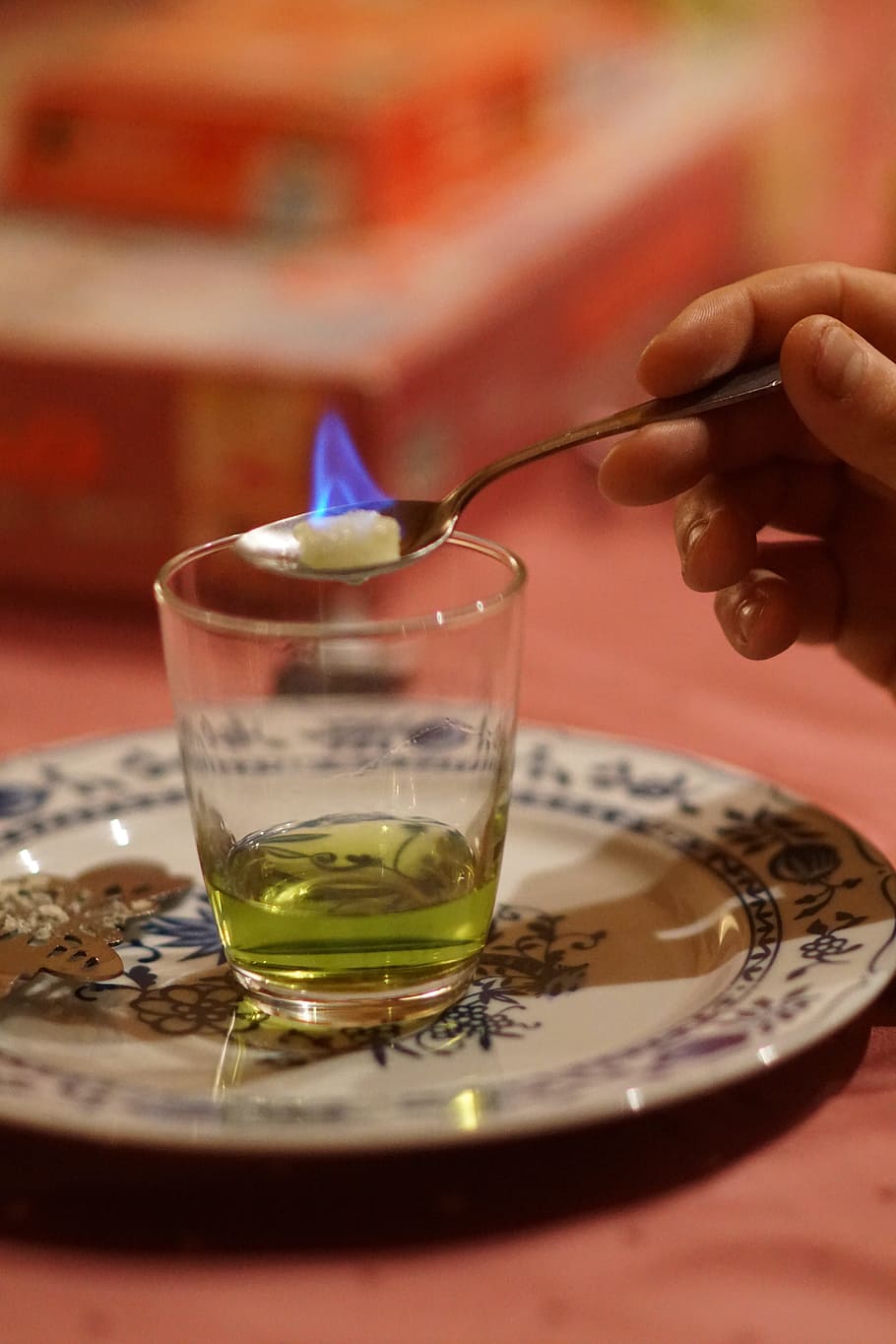 Absinthe, Blue Flame, Evening, drinking game, celebration, alcohol, sugar cube, food and drink, human hand, human body part