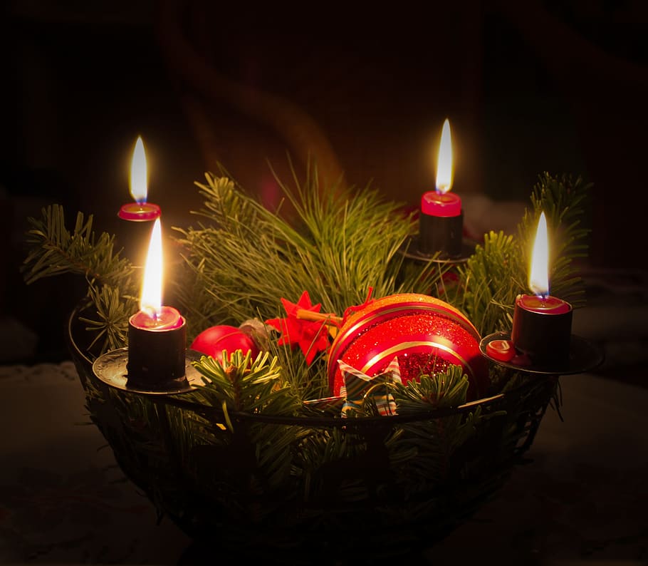 red, lighted, candles, mesh basket, black steel, candle holder, christmas, fir green, advent, christmas ornaments