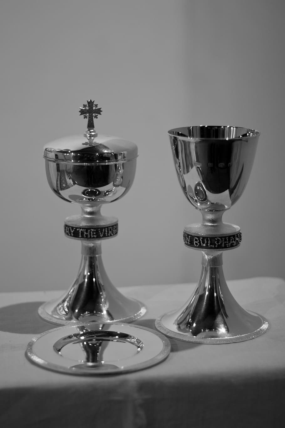 two, silver chalices, table, chalice, sacrament, communion silver, ciborium, patten, christian, silver