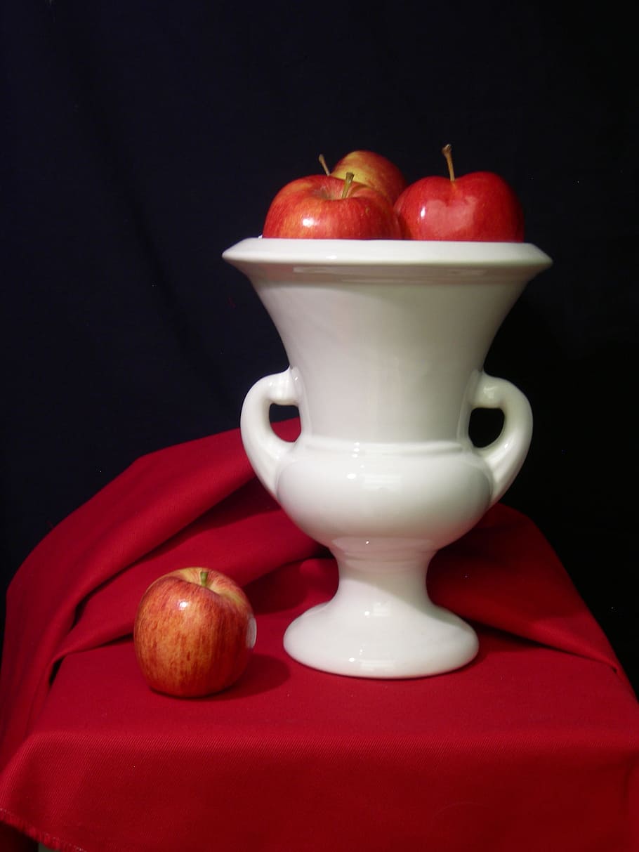 red, apples, white, ceramic, vase, still-life, fruit, black background, food and drink, healthy eating