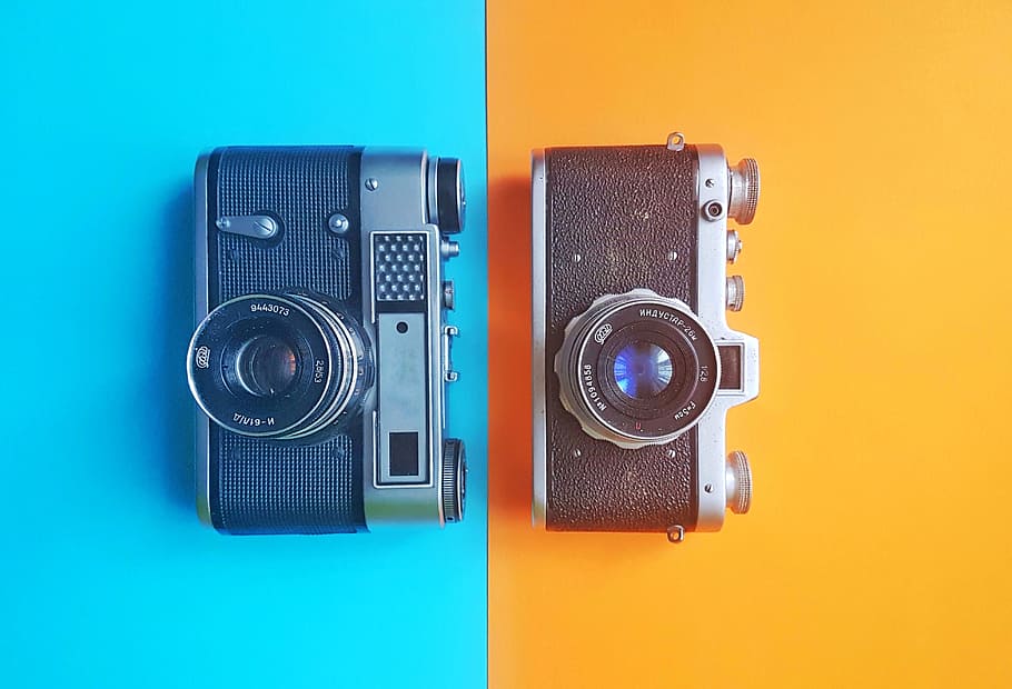 two, black, grey, mirrorless cameras, blue, yellow, backgrounds, antique, background, camera